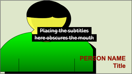 Image showing subtitle positioned vertically to avoid obscuring text in the bottom right of the image, resulting in it obscuring the mouth of the person speaking.