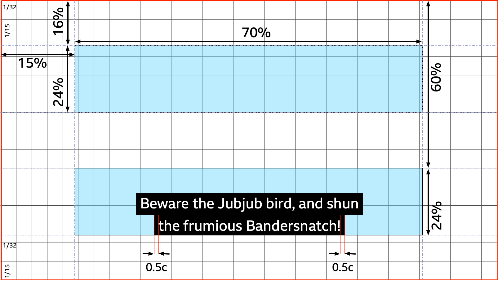 Image showing rendering of example, with text 'Beware the Jubjub bird' etc in lower region of image, on a 32x15 cell grid.