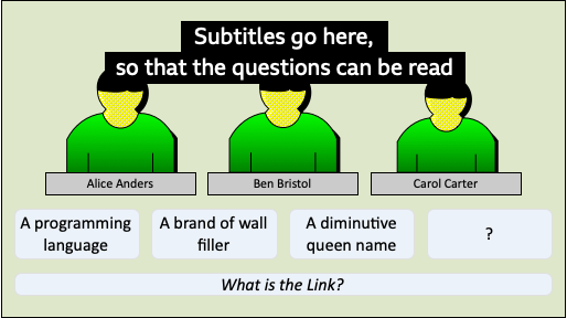 Image showing the same quiz image, with subtitles moved up to avoid the faces and the onscreen text, which can now be read.