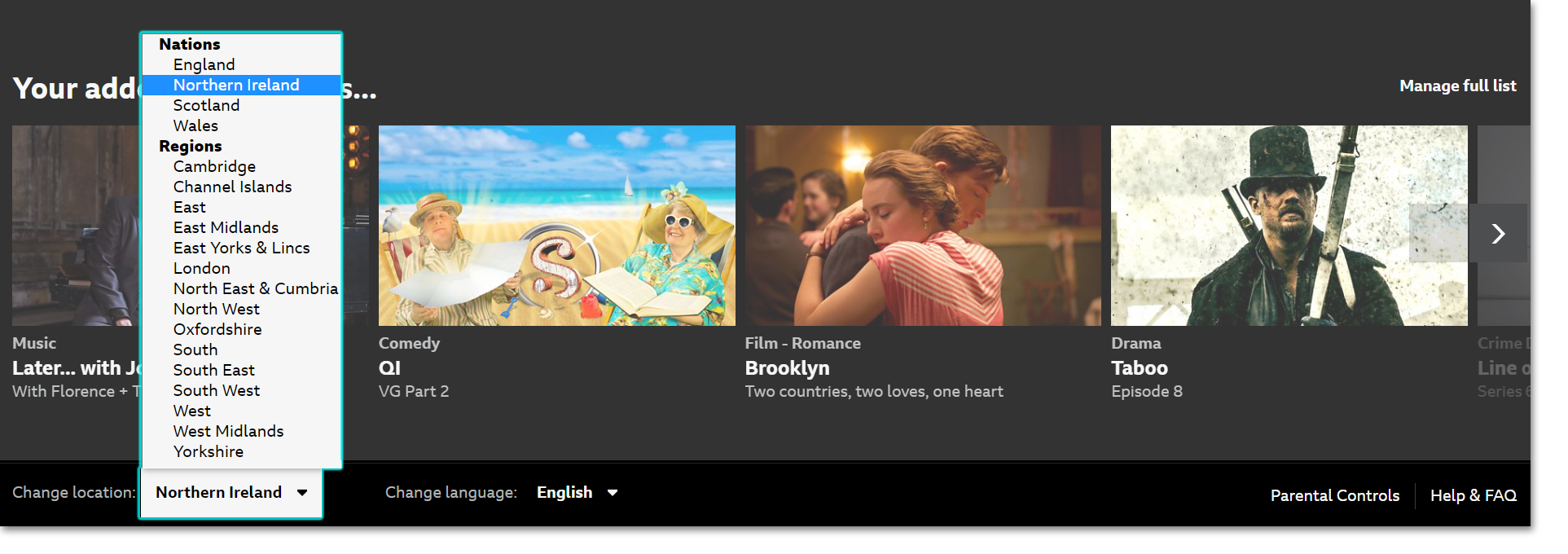 Screenshot of the BBC iPlayer website showing the various location options