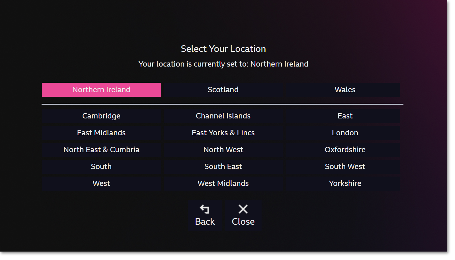 Screenshot of the location options available on the iPlayer TV app
