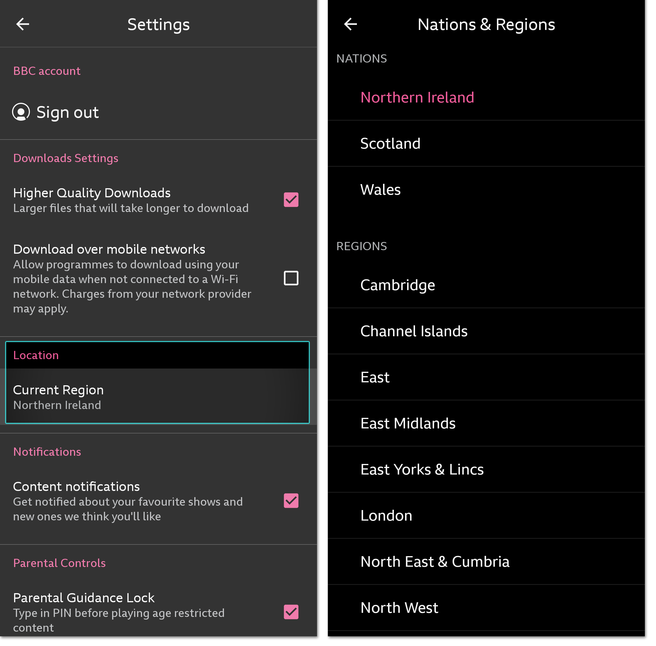 Two screenshots of the BBC iPlayer mobile/tablet app. The first is highlighting the Location menu and the second shows the location options available