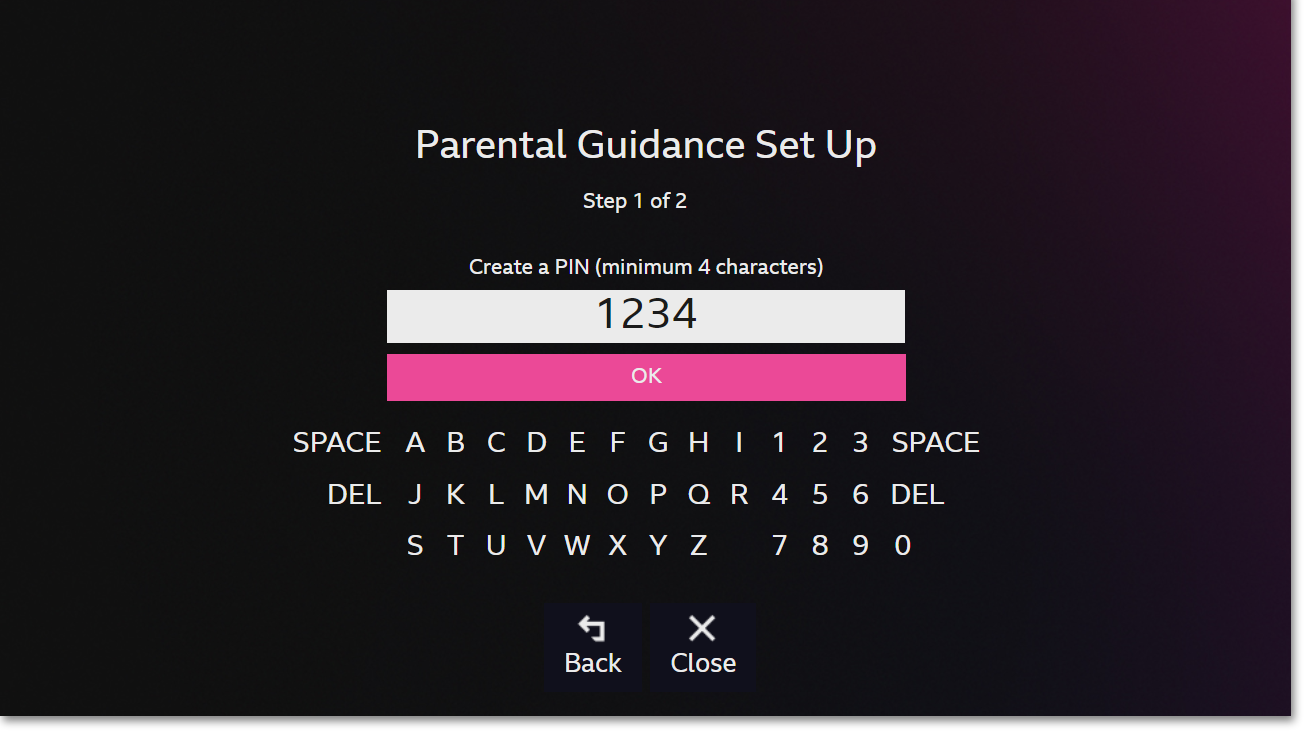 Image of the Parental Guidance creation page, with a PIN entered at the top. The 'OK' button is highlighted