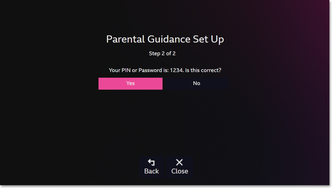 Image of the TV parental guidance screen asking the user to confirm their PIN or password is correct