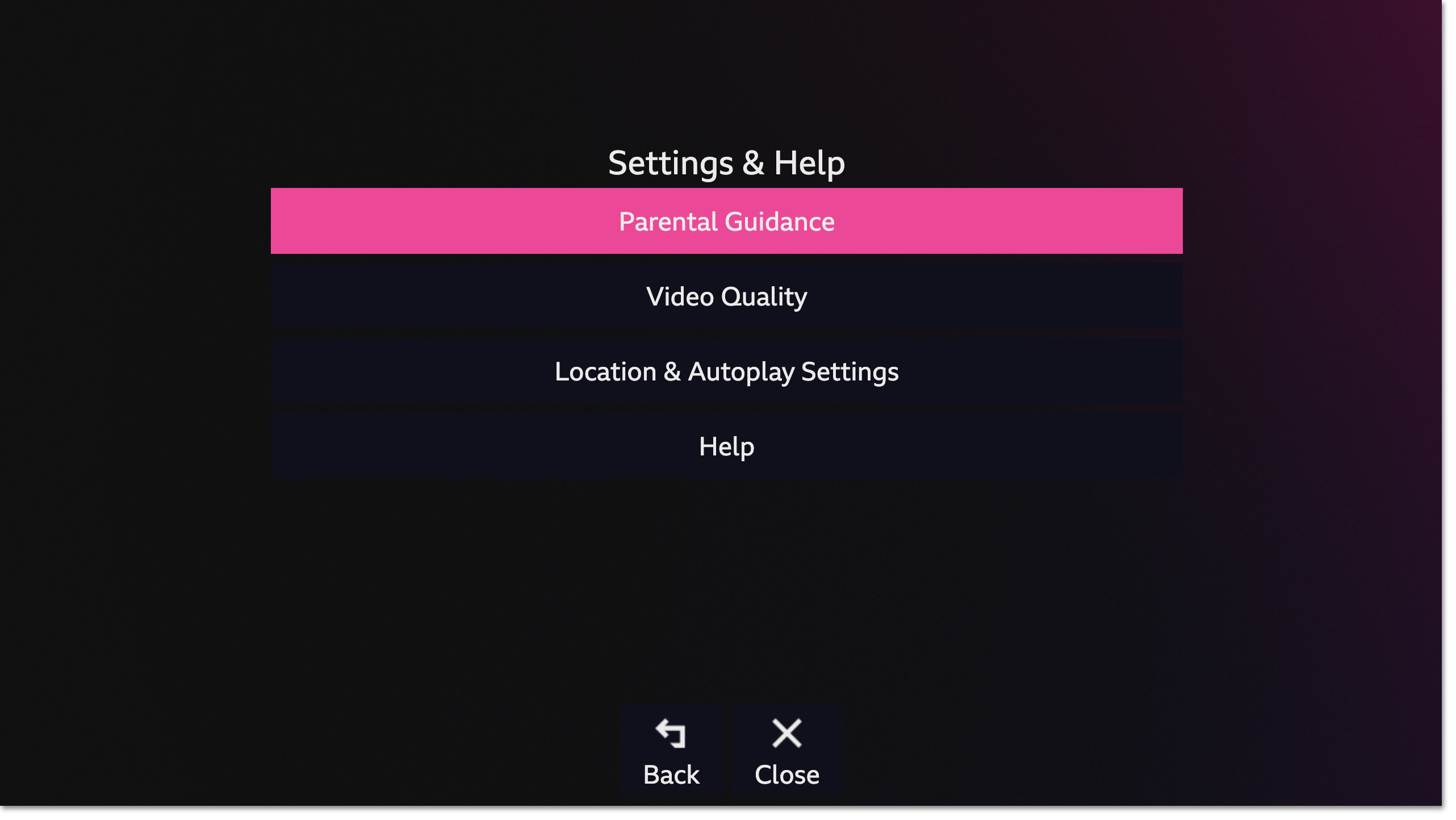 Image of the Settings page on the iPlayer TV app with the Parental Control option highlighted