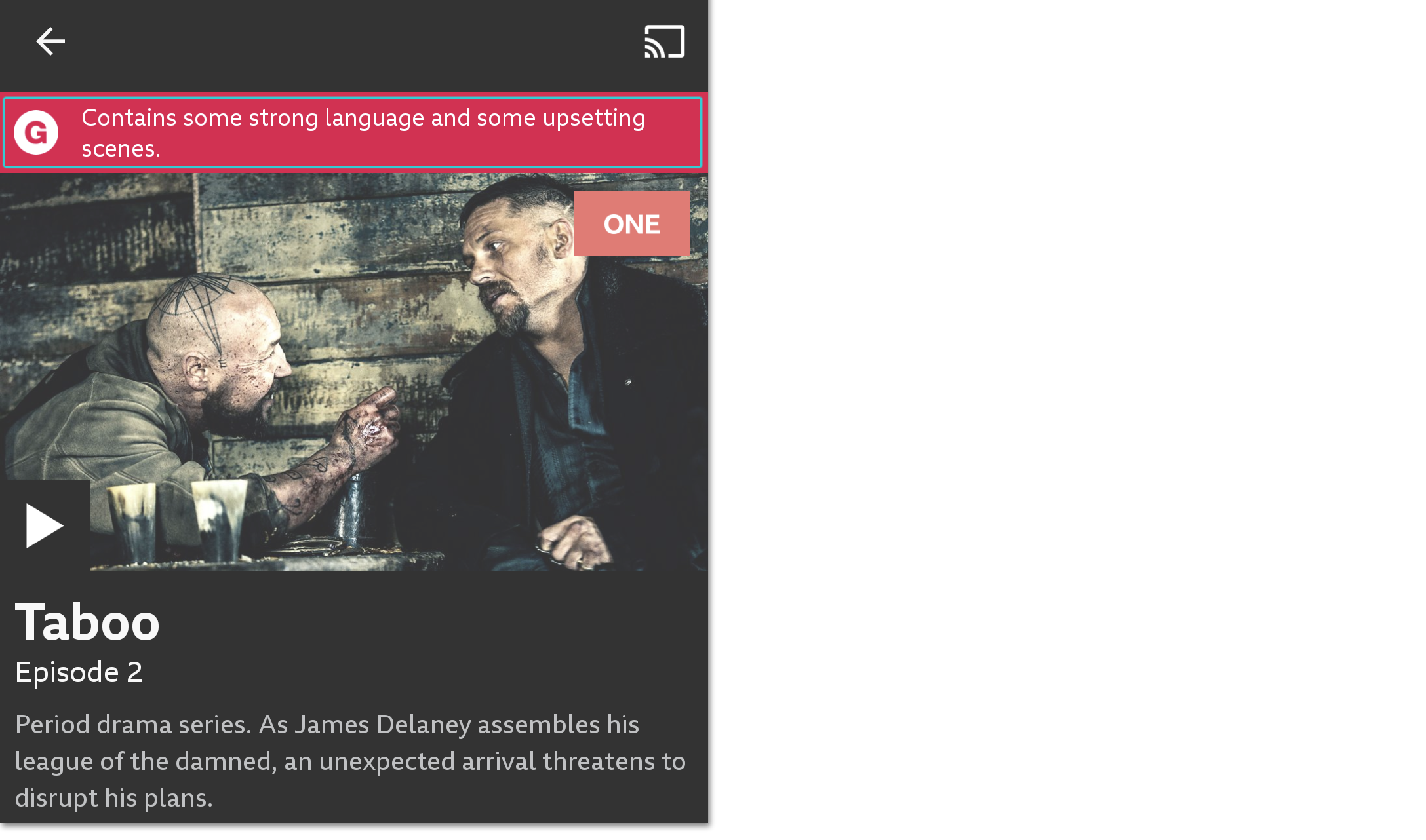 Image of a programme on the BBC iPlayer mobile/tablet app with the guidance label and warning highlighted at the top of the screen