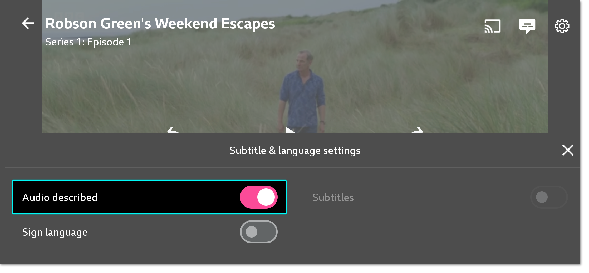 Image of the playback screen on the iPlayer mobile app. The Audio Description option is highlighted