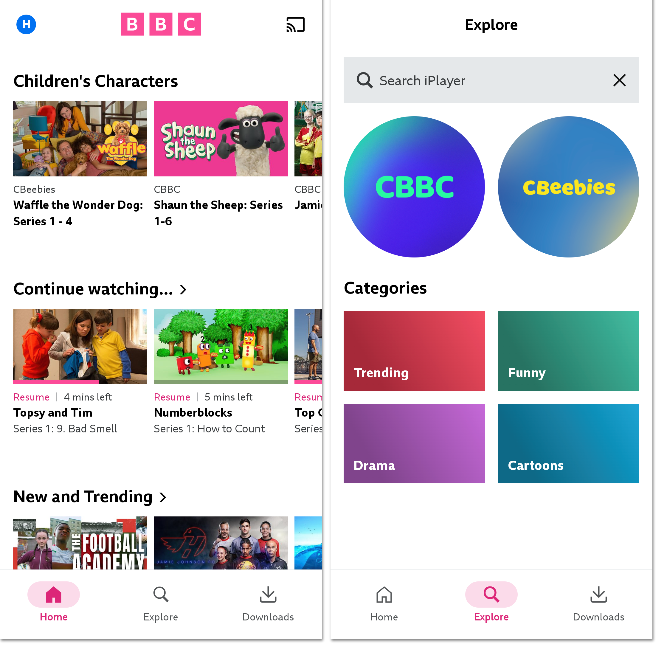 Two images of the BBC iPlayer mobile app when signed in as a child. The first shows the homepage which is bright, white and with lots of CBeebies programmes. The second is of the Explore menu which offers CBBC and CBeebies channels, and children's categories
