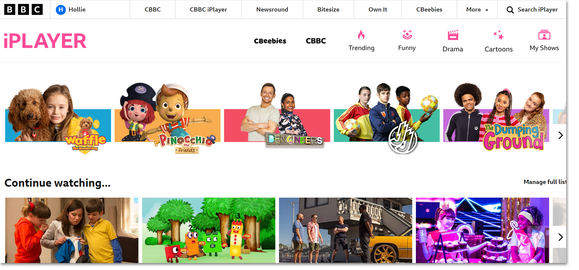 Image of the BBC iPlayer homepage when accessed by a child profile