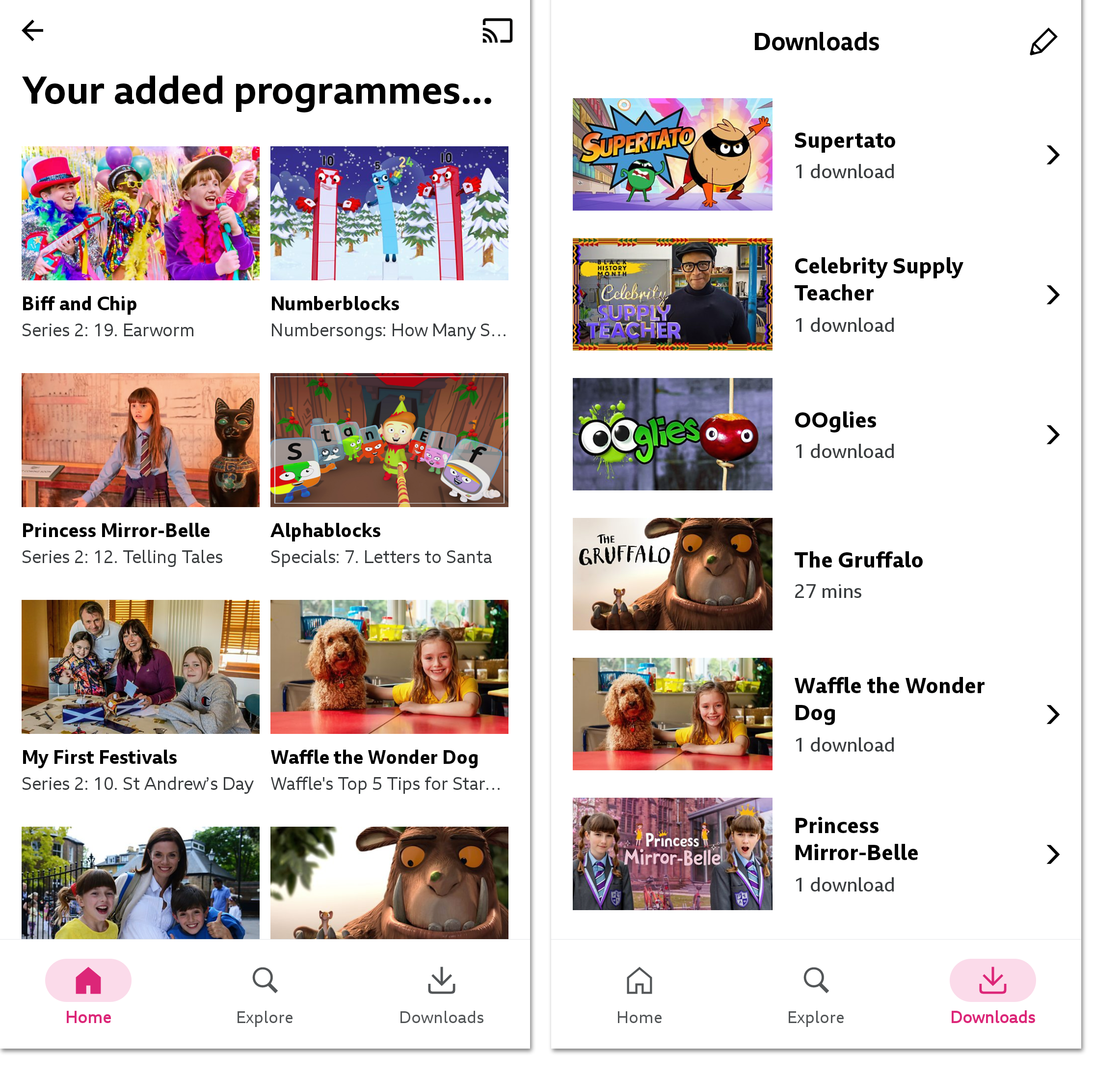 Twi images from the BBC iPlayer app when signed in as a child. The first is the 'Your added programmes' page and the second is of the Downloads page.