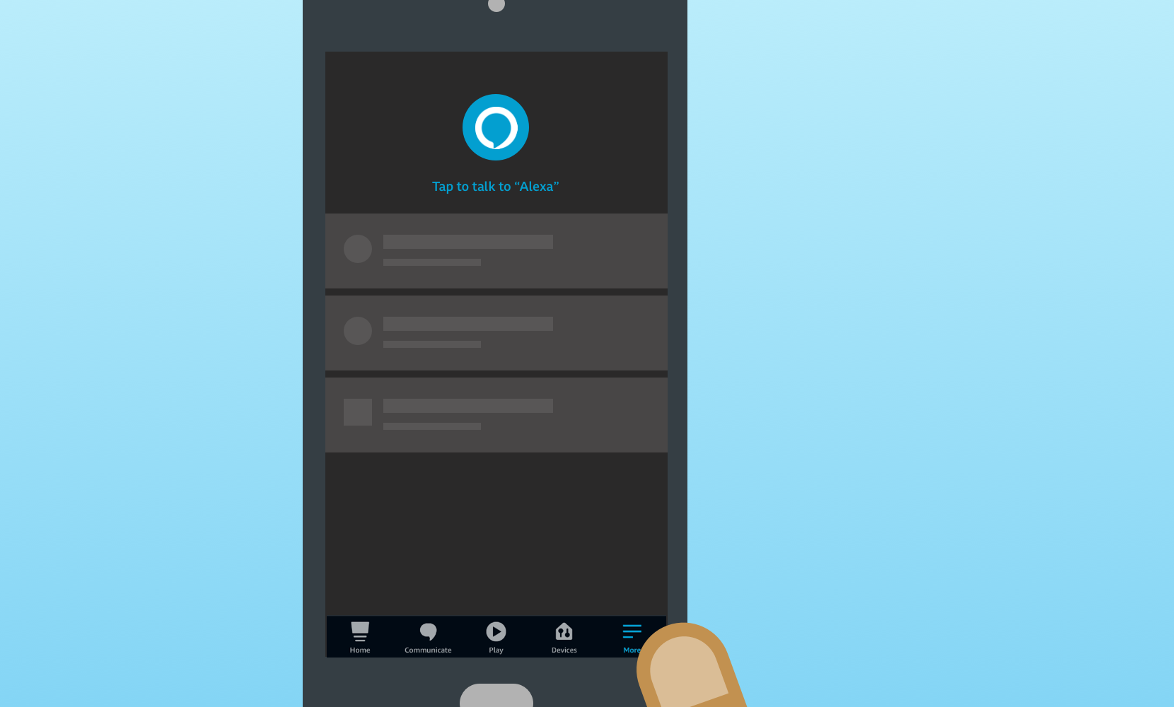 Illustration of a phone screen with the Alexa logo saying 'Tap to talk to Alexa' at the top of the screen