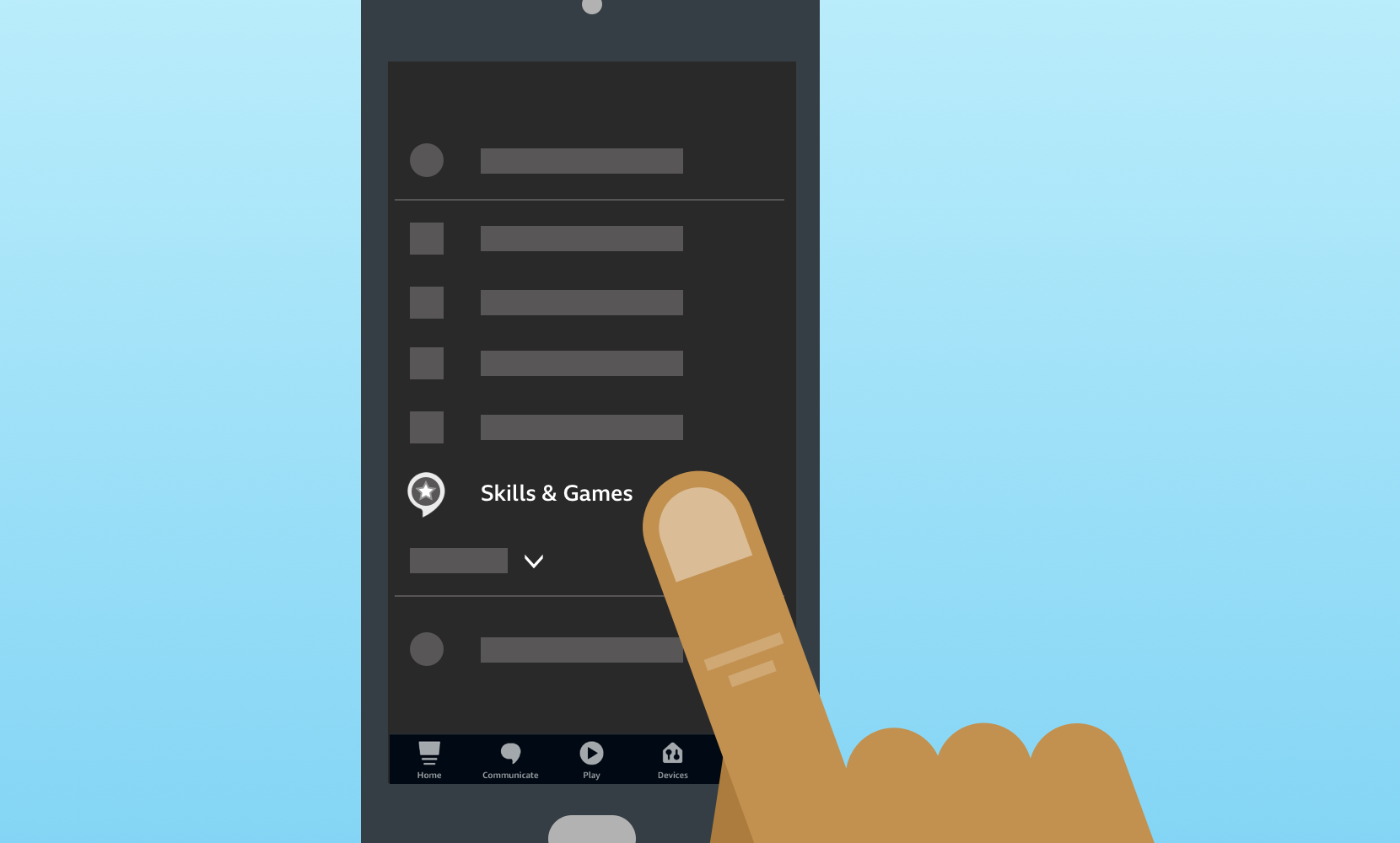Illustration of a person holding a phone. The phone is on the Alexa app and the 'Skills & Games' button is highlighted