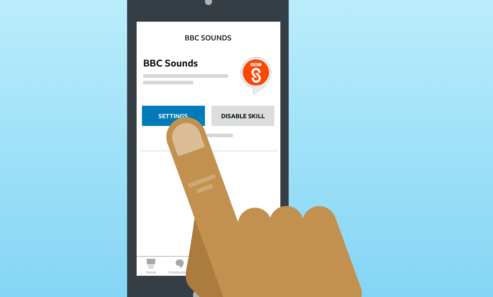 Illustration of the Alexa app on a phone, opened in the BBC Sounds skill. The user is about to tap the Settings button on the left hand side.