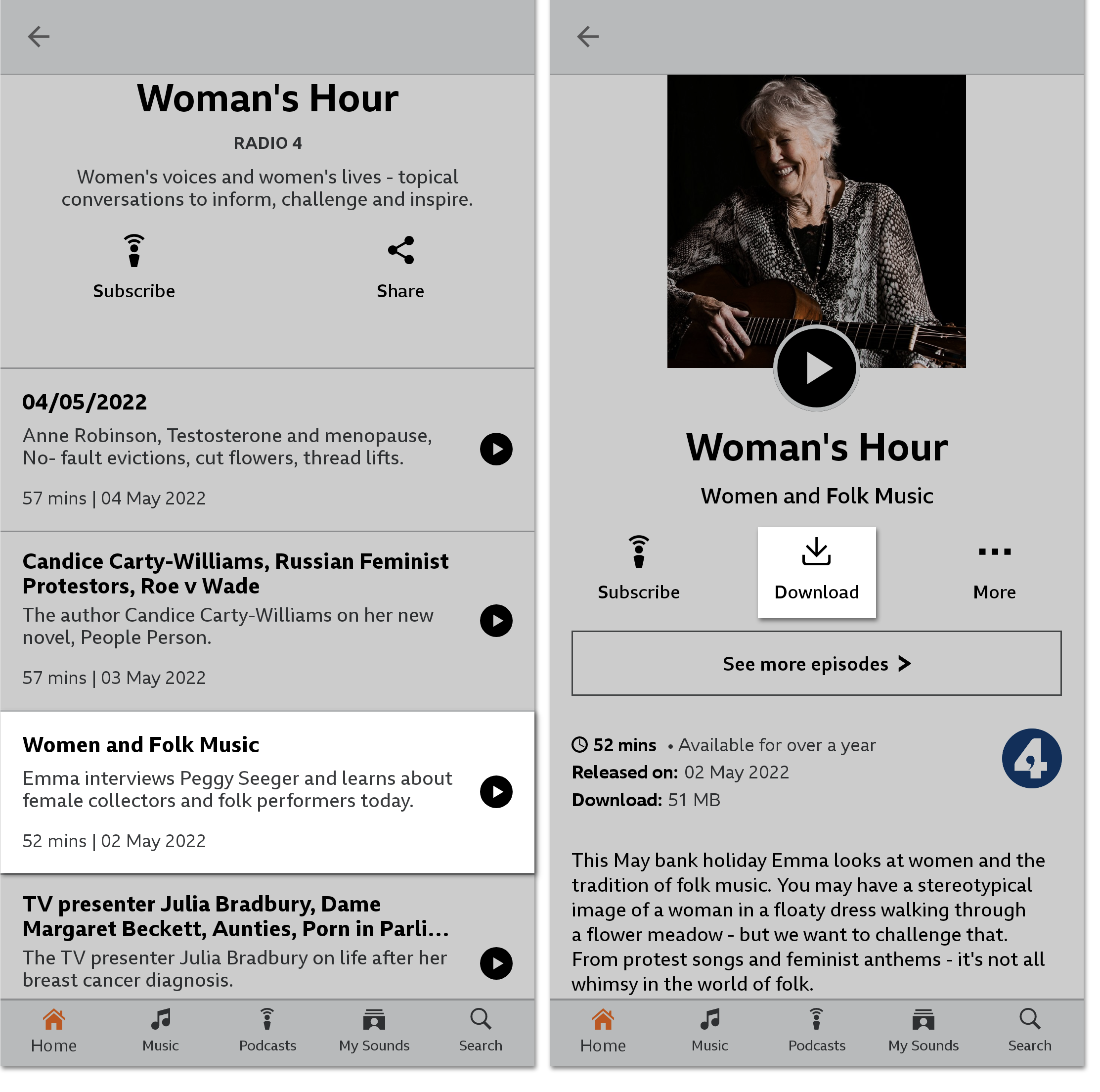 Screenshots of the BBC Sounds mobile app, the first showing available episodes or a programme and the second showing the information on one episode with the download icon highlighted