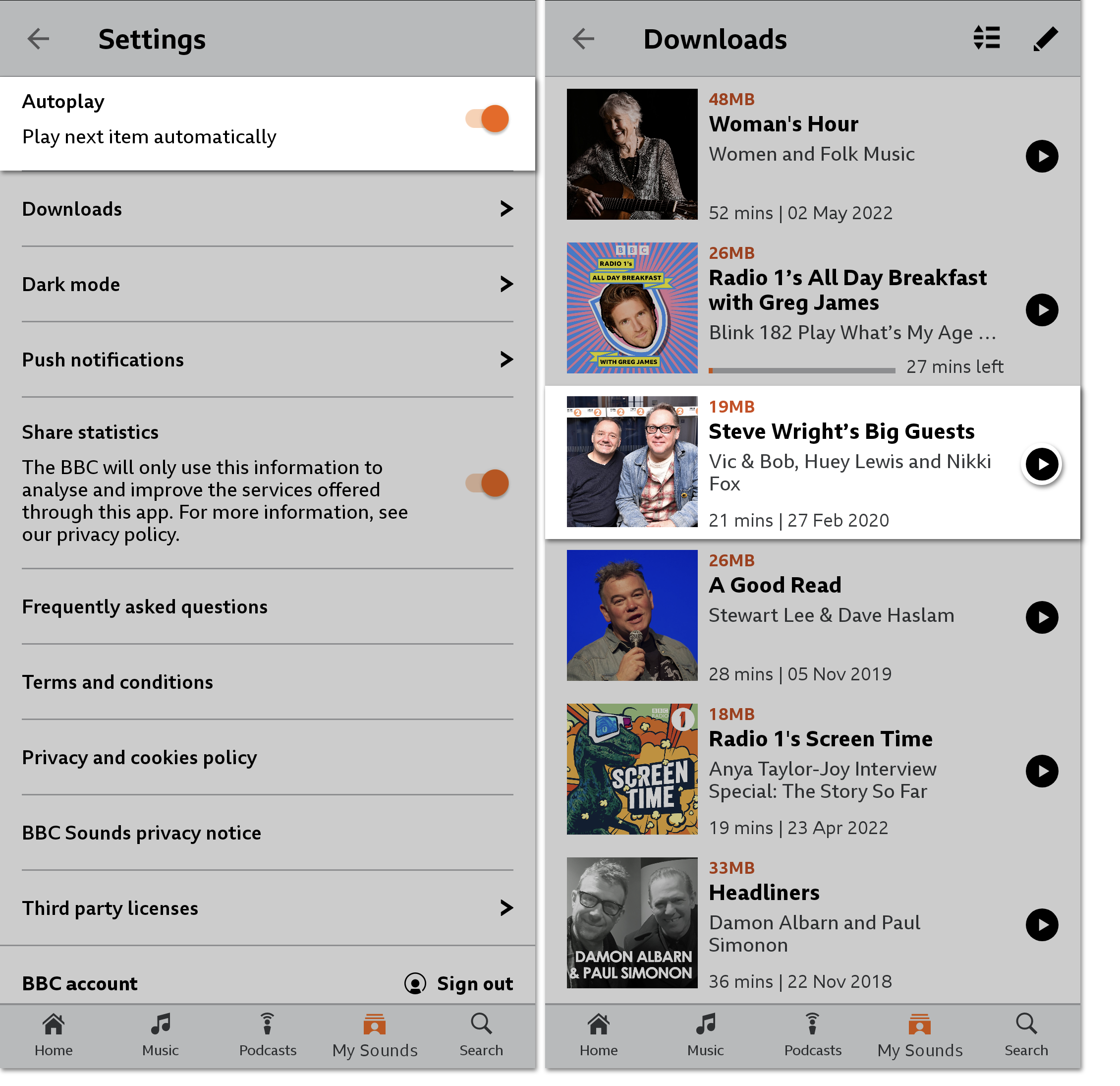 Screenshots of the BBC Sounds mobile app showing the autoplay option in Settings within My Sounds. The second shows the downloads queue with the Play icon highlighted