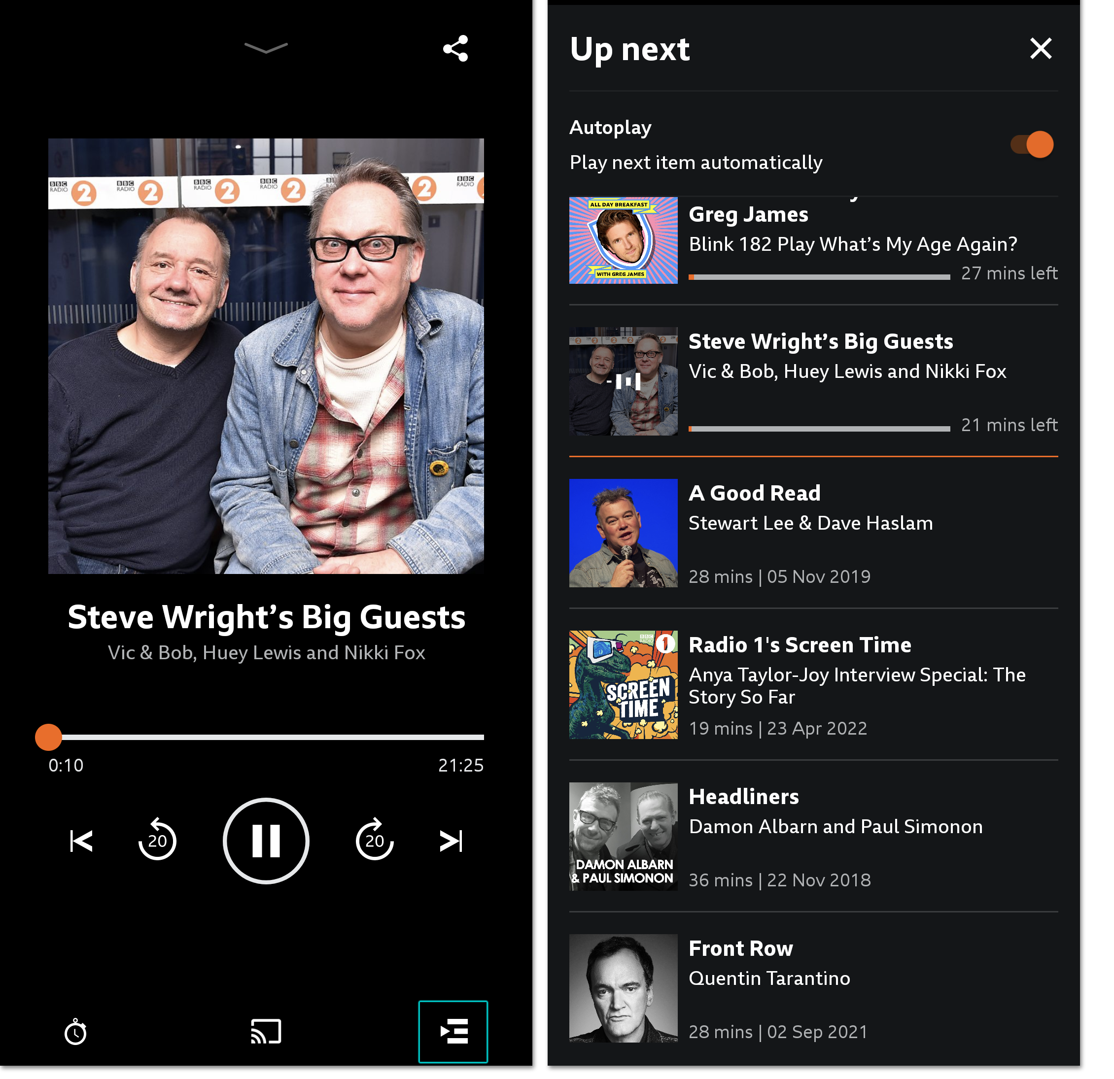 Screenshot of the playback screen on the BBC Sounds mobile app with the 'Queue' icon on the bottom right highlighted. The second screenshot shows the play queue.