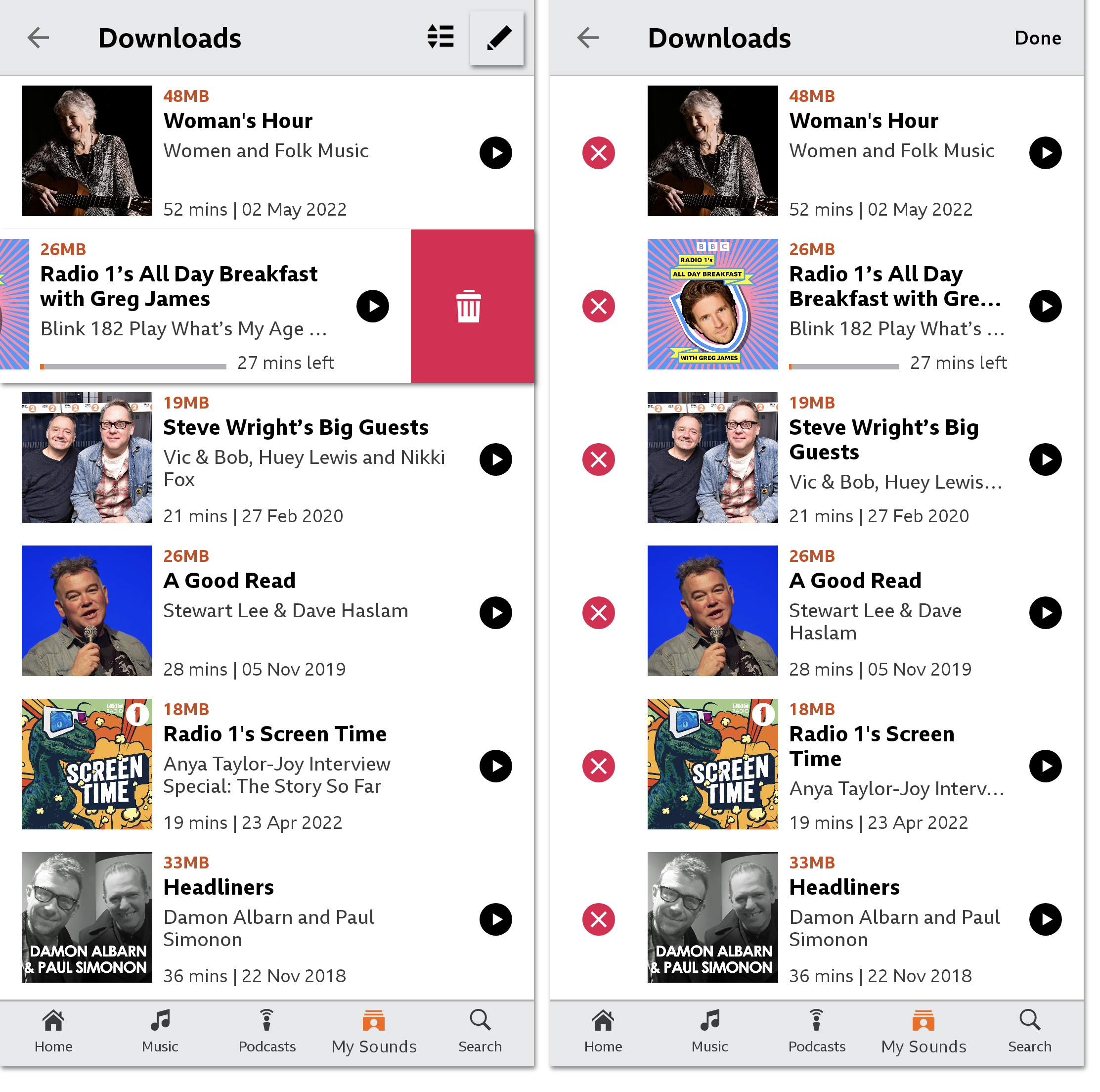 Screenshots of the BBC Sounds app showing how to delete a download. The first shows the user swiping left until the bin icon shows, and the second shows the red and white 'x' icons next to each download after tapping on the edit or pencil icon