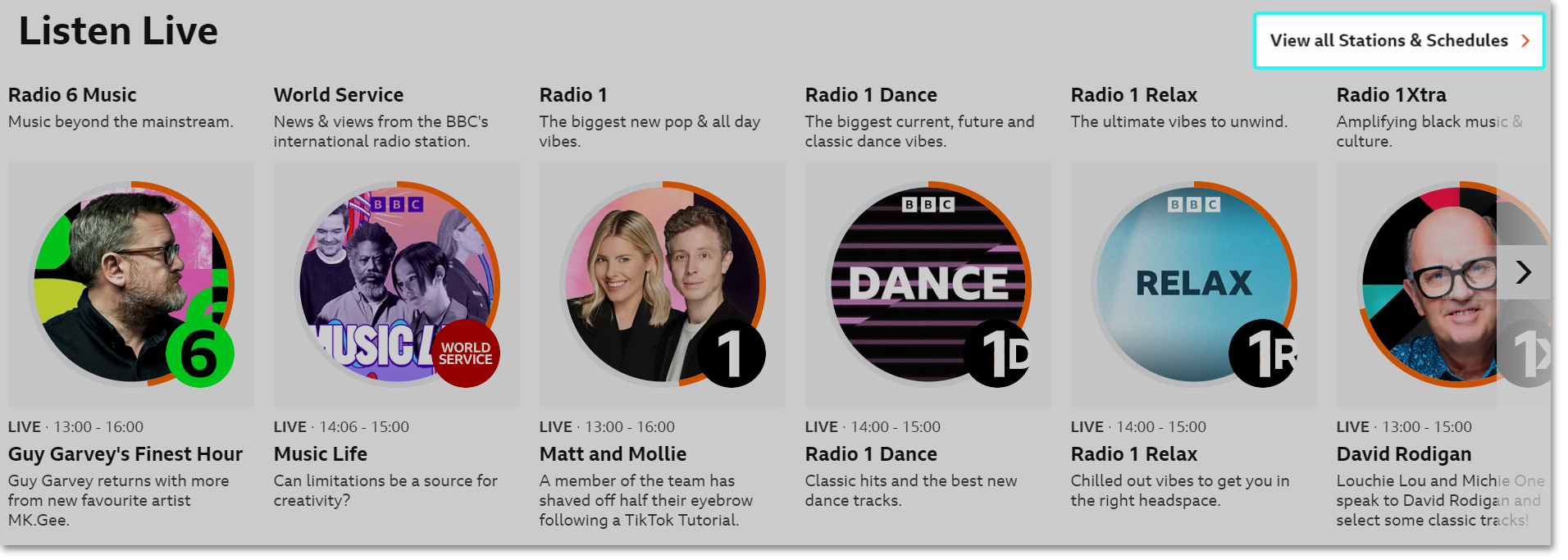 Image of the BBC Sounds homepage with the 'Stations and schedules' button highlighted on the top right