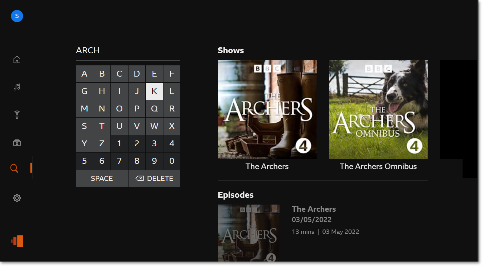 Screenshot of the BBC Sounds TV app with the search highlighted. The person is searching for The Archers and two programmes are one episode are visible in the search