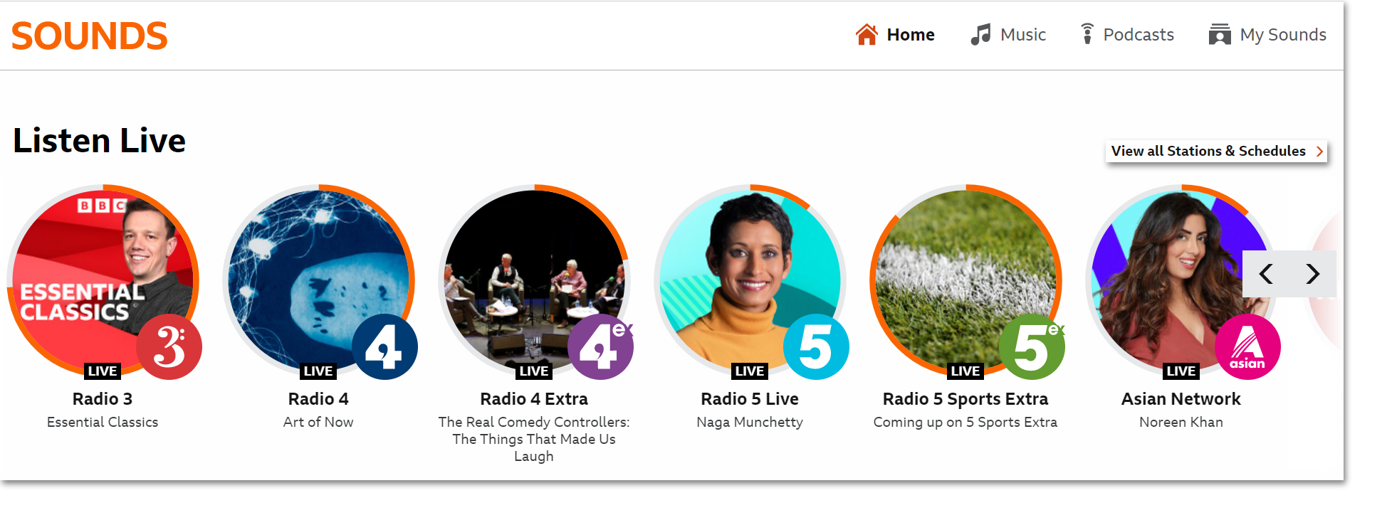 Image of the BBC Sounds website homepage with the live stations rail along the top and the Stations and Schedules button on the top right highlighted