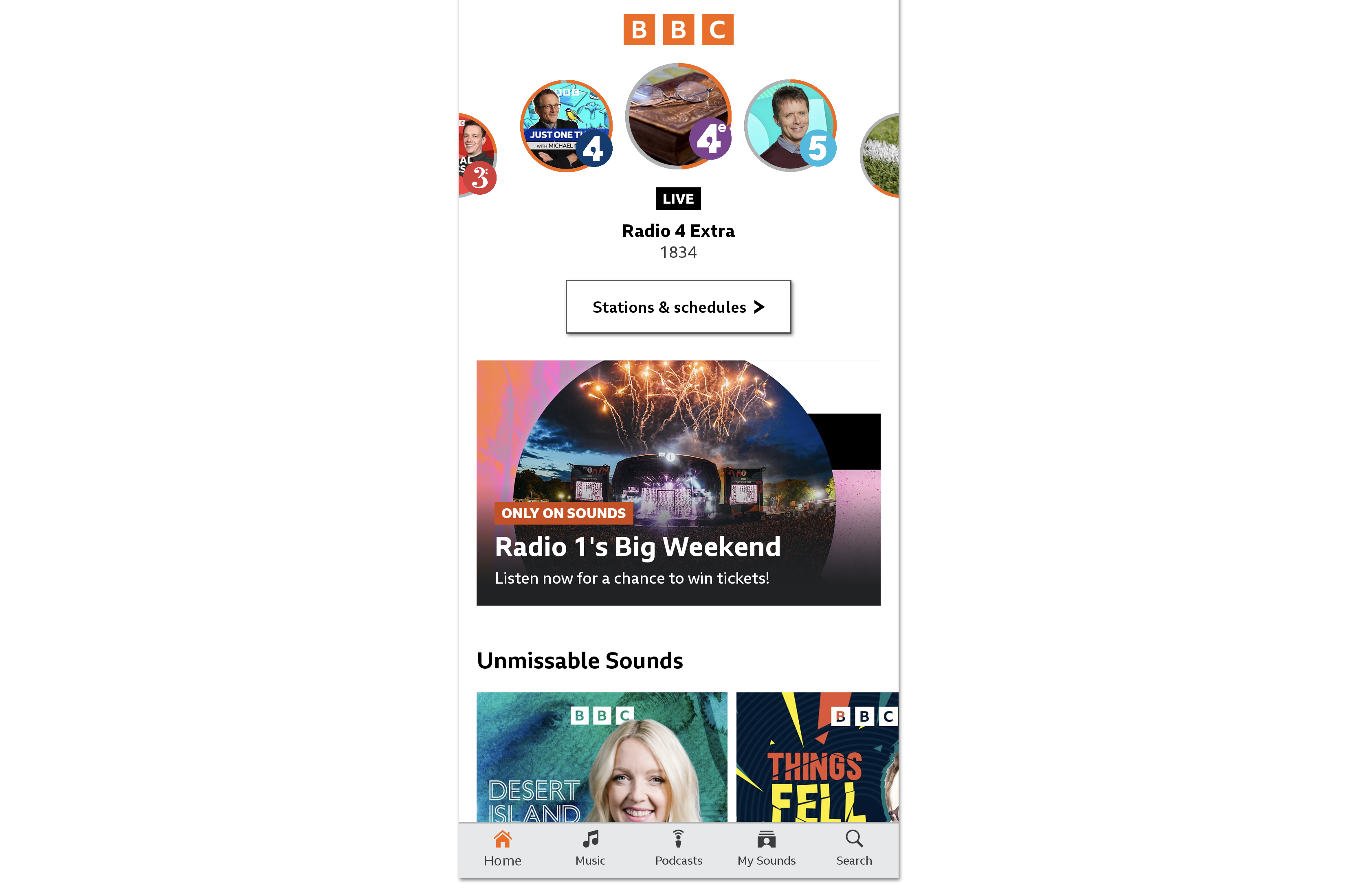 Image of the homepage on the BBC Sounds mobile app showing the live station rail and highlighting the Stations and Schedules button in the middle at the top