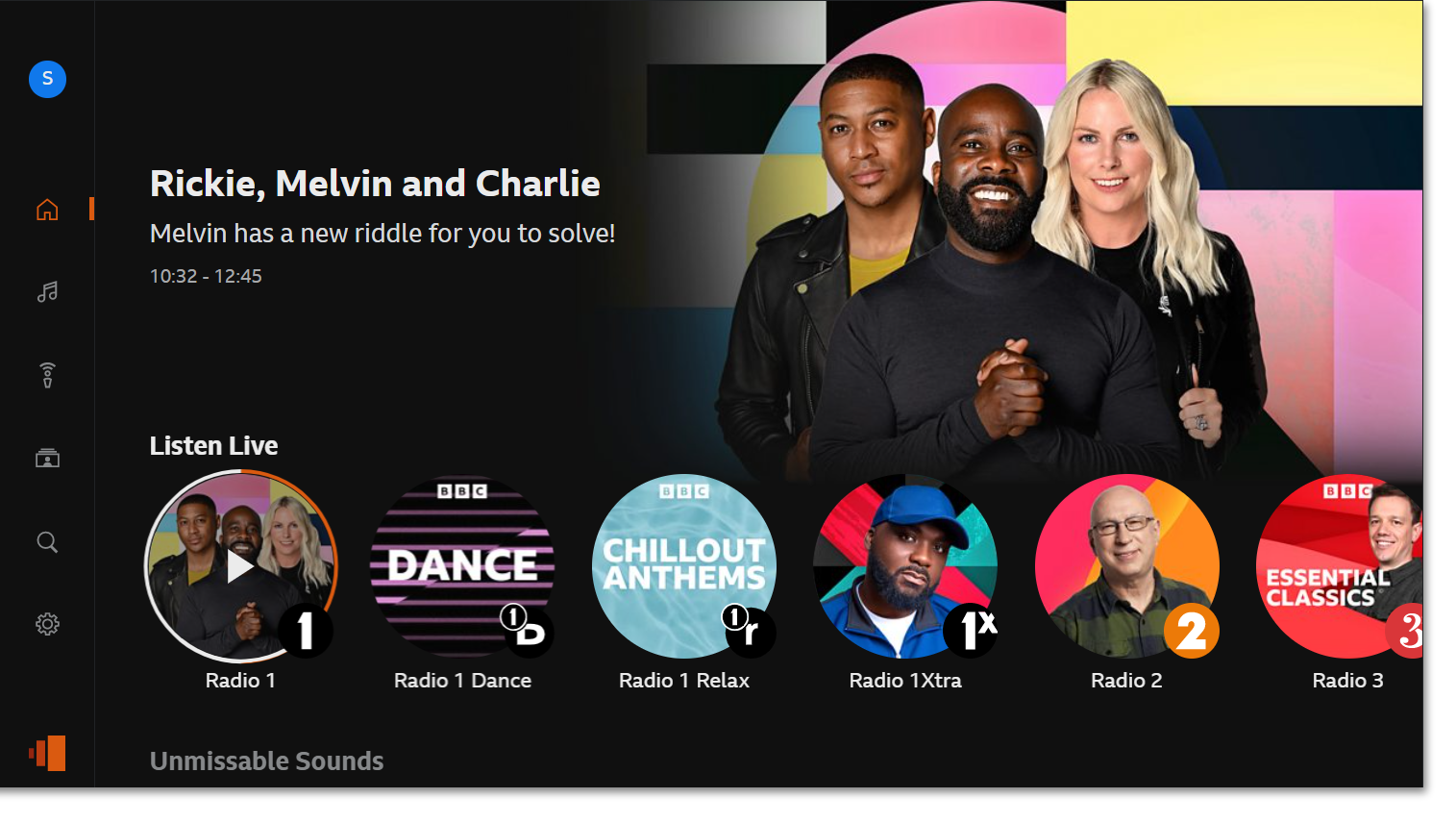 Image of the BBC Sounds app on TV homepage displaying the live stations rail