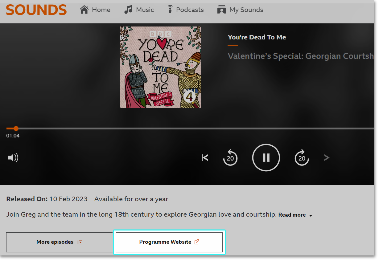 Image of the playback screen on the website. The 'programme website' button has been highlighted underneath