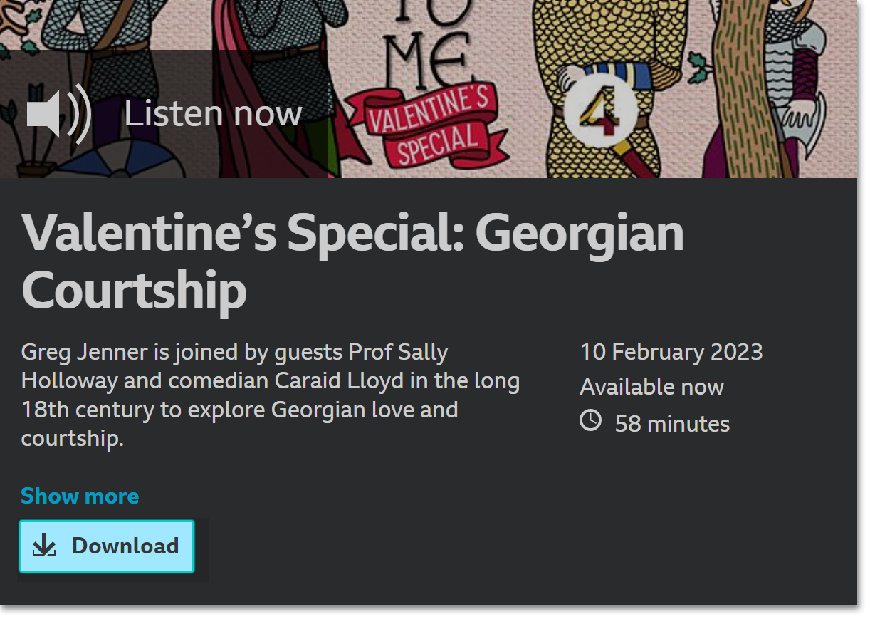 Image of the programme website with a podcast episode selected. The Download button underneath the programme description is highlighted