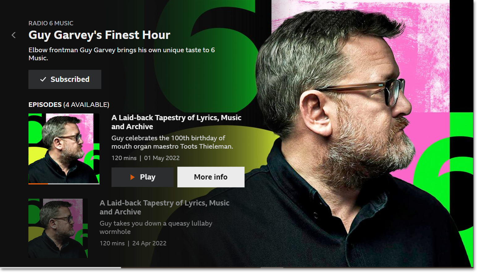 Screenshot of the BBC Sounds TV app where the user is choosing to either play or get more info on an episode