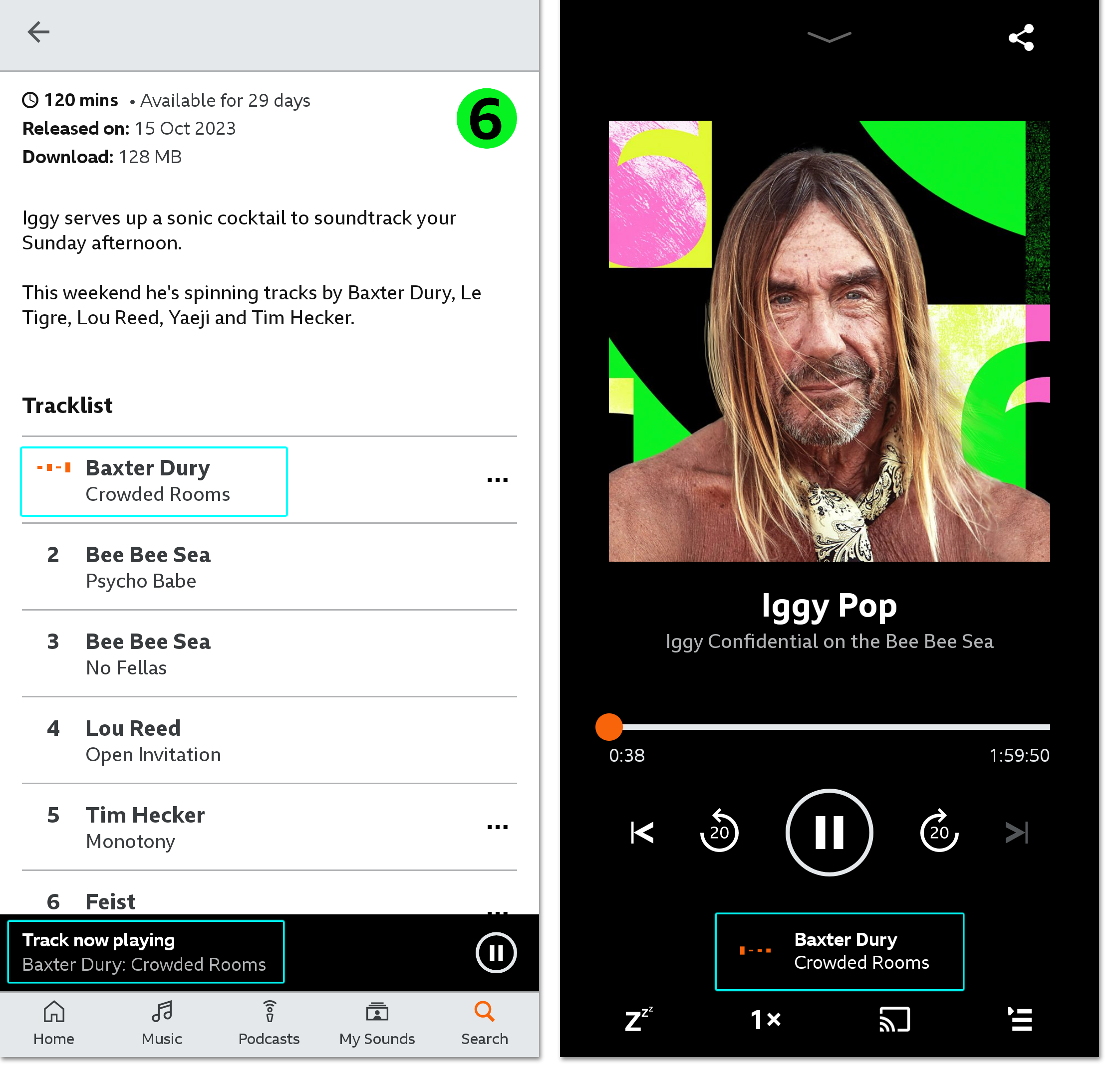Two screenshots of the BBC Sounds mobile app. The first is of a track listing for a programme with the 'Now playing' track highlighted both on the list and on the playback bar. The Second is of the playback page with the 'Now Playing' track highlighted
