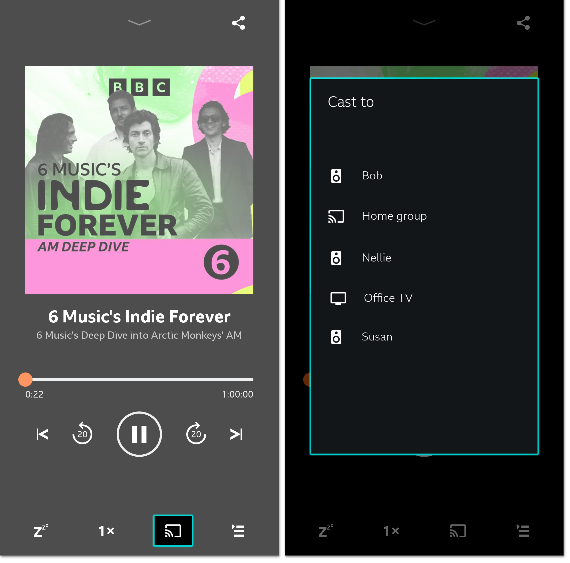 Two screenshots of the BBC Sounds mobile app. The first shows the playback screen with the Chromecast icon highlighted. The second shows the available devices to choose from. 