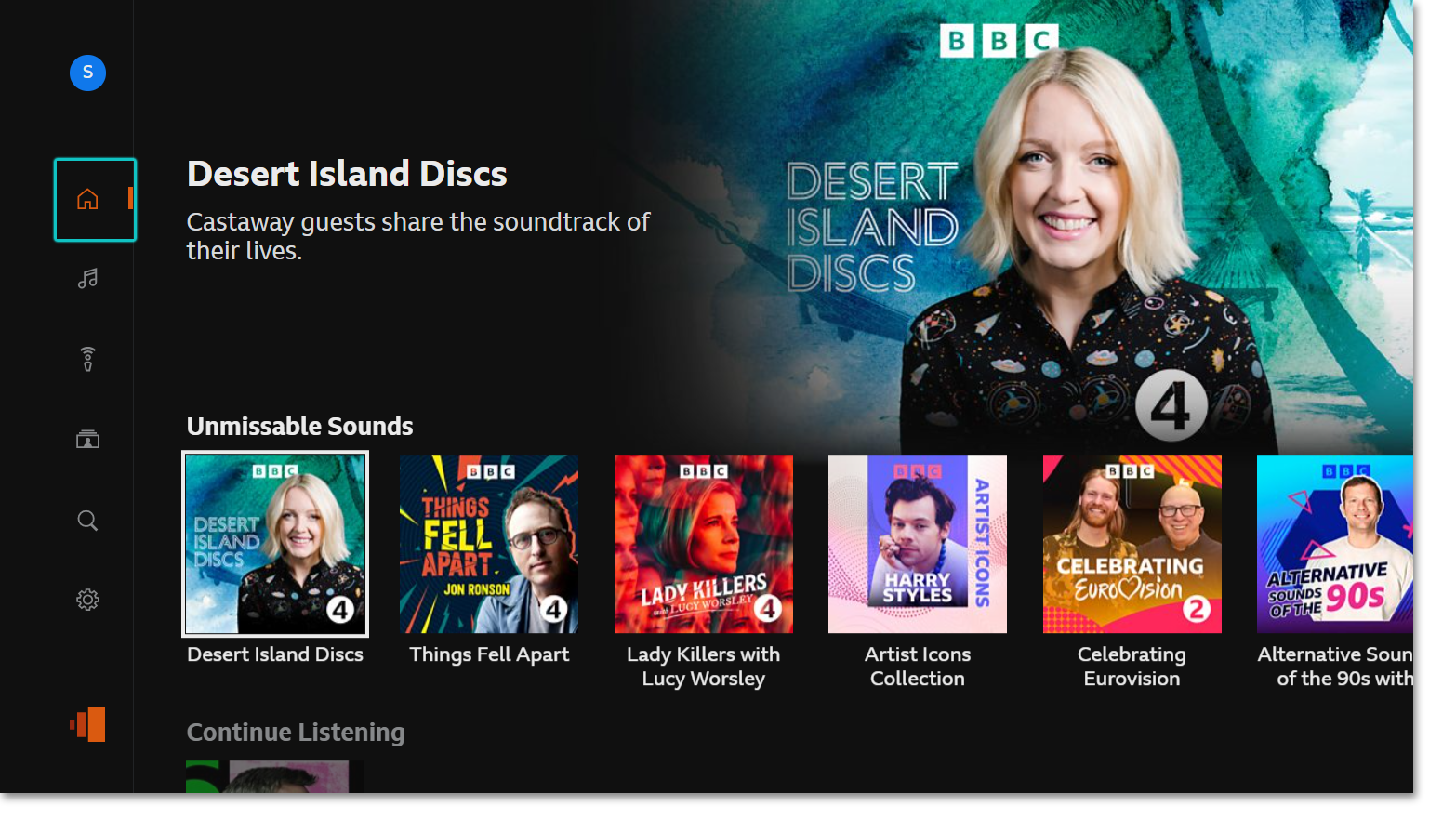 BBC Sounds TV app homepage