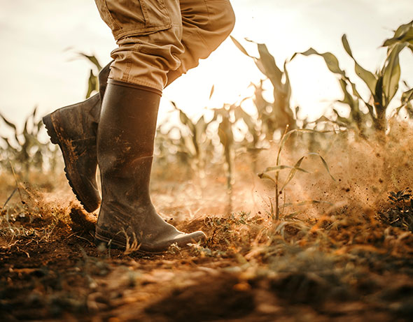 legs of a farmer in a dusty field