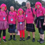 Nola Milne (left) during a sponsored kilt walk for Tickled Pink