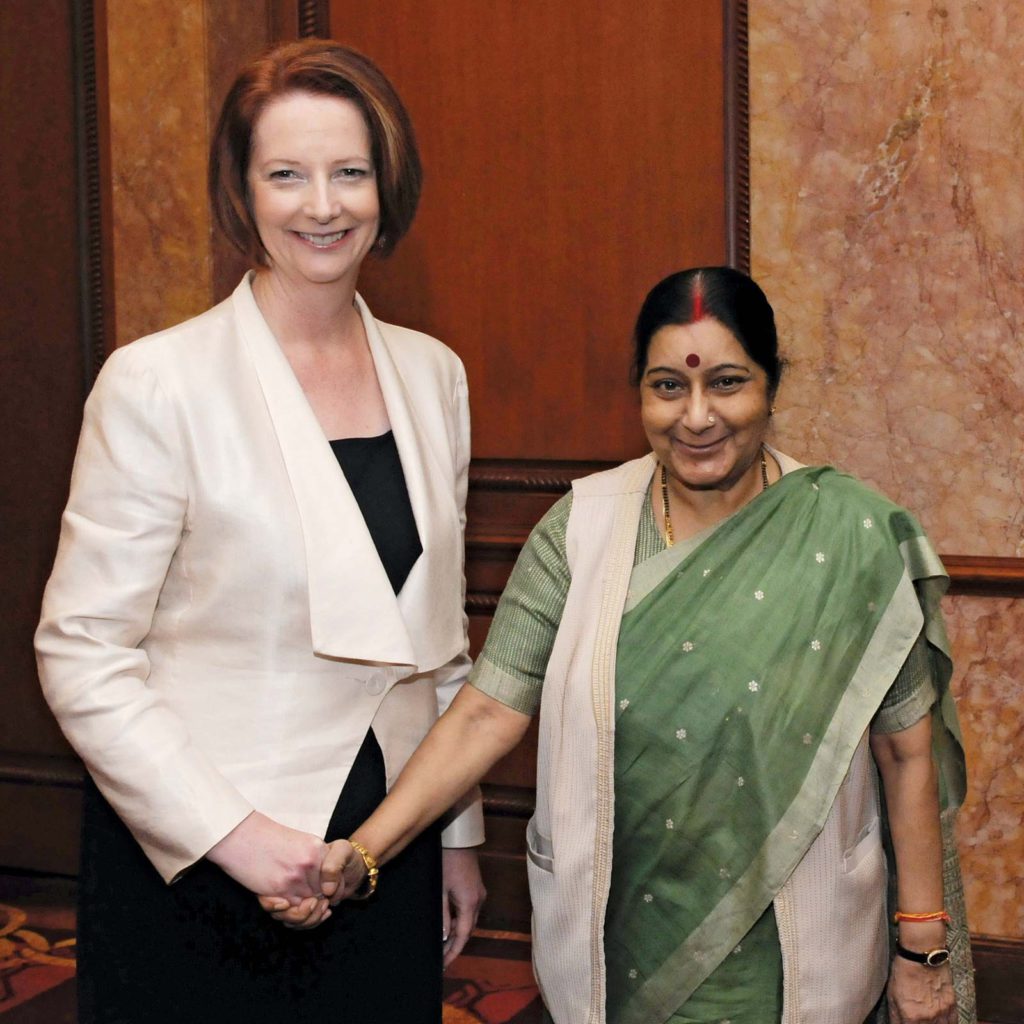 Sushma Swaraj (right) meeting with Australian Prime Minister Julia Gillard in New Delhi, India, in October 2012.