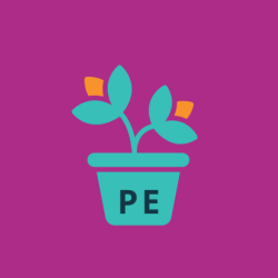 A seedling plant growing in a pot with the letters PE on it