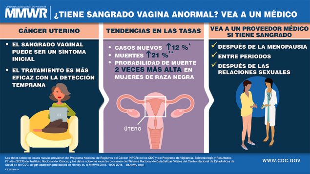 La figura muestra un resumen visual que describe las señales de advertencia del cáncer uterino y cuándo consultar a un proveedor de atención médica si se produce un sangrado vaginal anormal.