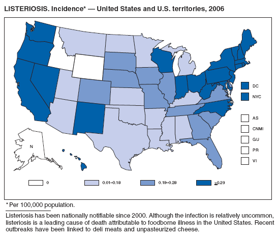 LISTERIOSIS. Incidence*  United States and U.S. territories, 2006