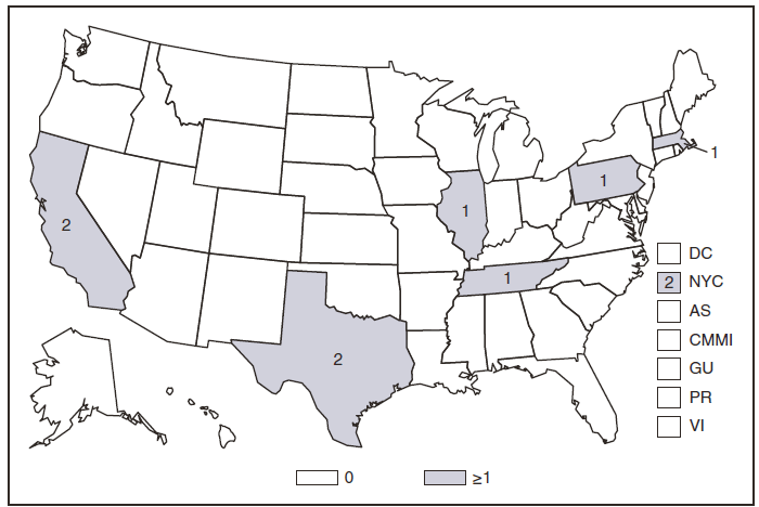 This figure is a map of the United States and U.S. territories that presents the number of cholera cases in each state and territory in 2009.