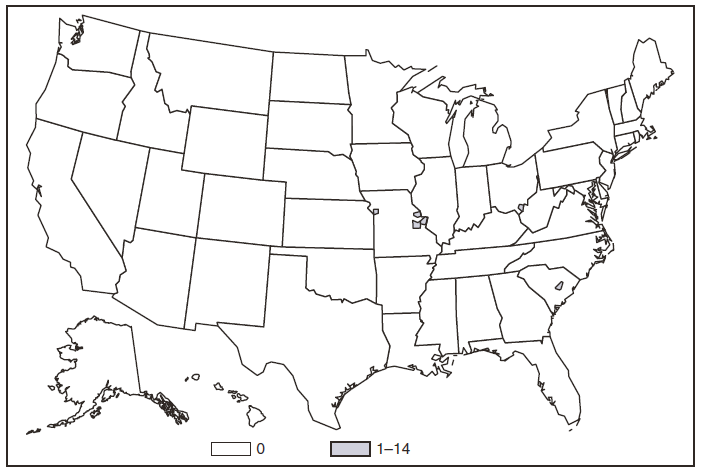 This figure is a map of the United States that presents the number of Ehrlichiosis (Ehrlichia ewingii) cases in by county in 2009.