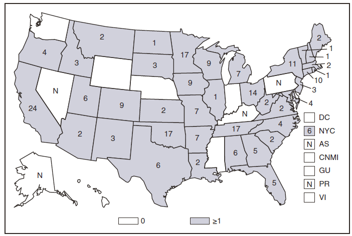 This figure is a map of the United States and U.S. territories that presents the number of hemolytic uremic, postdiarrheal cases in each state and territory in 2009. 