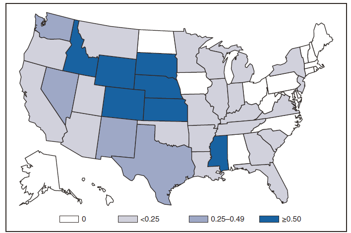 This figure is a map of the United States that presents incidence range per 100,000 population of West Nile virus cases in each state in 2009.