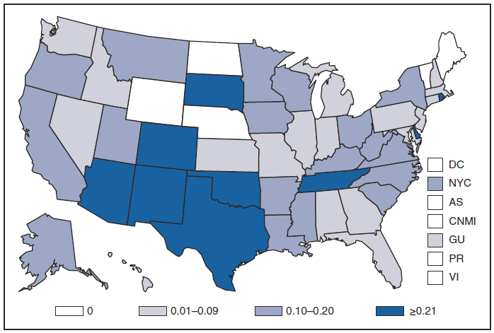This figure is a map of the United States and U.S. territories that presents the incidence range per 100,000 population of influenza-associated pediatric deaths in each state and territory in 2009.