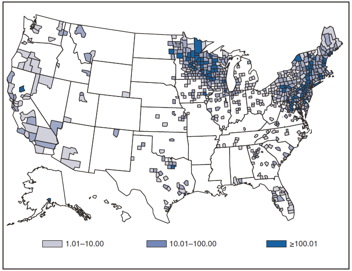 This figure is a map of the United States that presents the incidence per 100,000 population of lyme disease cases in each county in 2009.