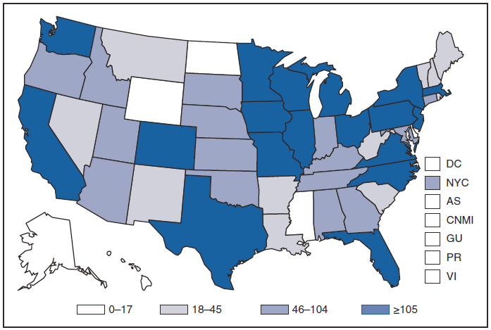This figure is a map of the United States and U.S. territories that presents the number of Shiga-toxin producing Escherichia coli cases in each state and territory in 2009.