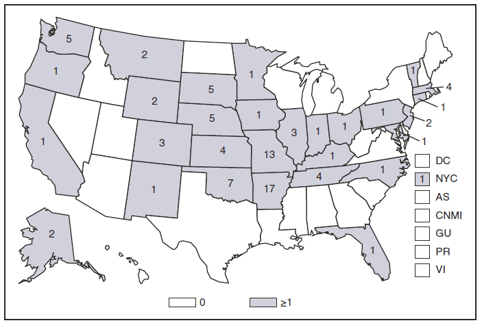 This figure is a map of the United States and U.S. territories that presents the number of tularemia cases in each state and territory in 2009.