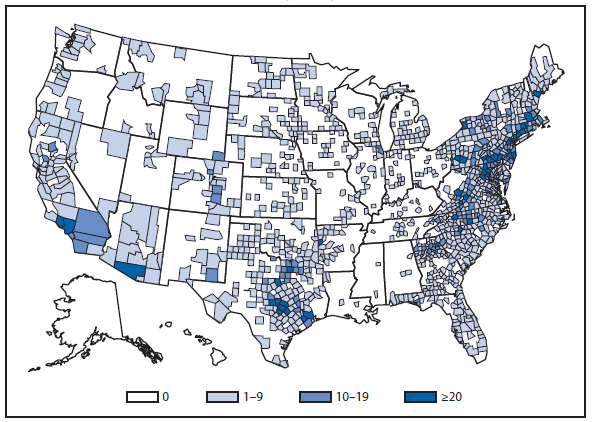 This figure is a map of the United States that presents the number of rabies cases, by county, among wild and domestic animals in the United States in 2012.