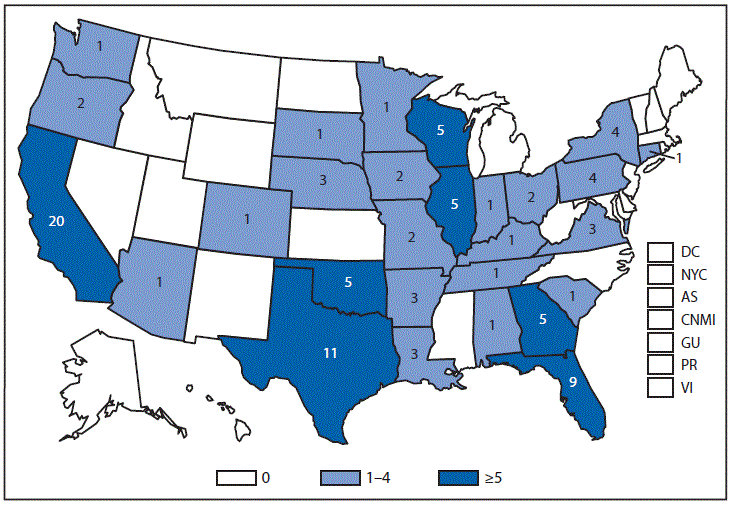 This figure is a map of the United States and U.S. territories that presents the number of brucellosis cases in each state and territory in 2013.