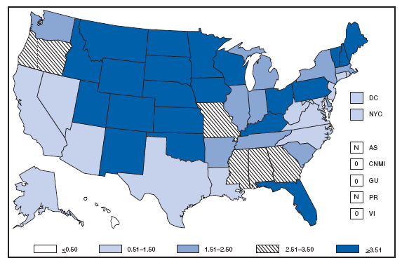 Cryptosporidiosis. Incidence* --- United States and U.S. territories, 2007