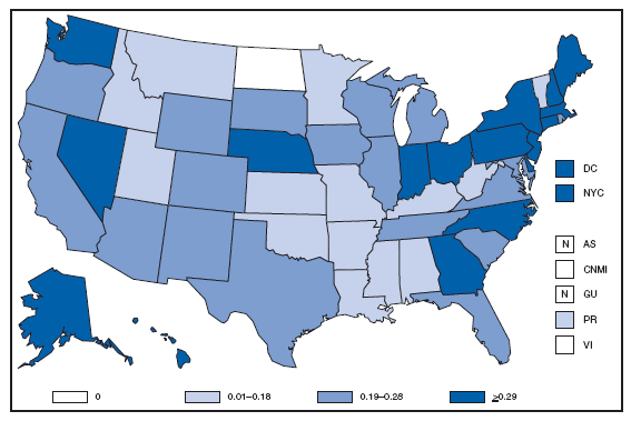 Listeriosis. Incidence* --- United States and U.S. territories, 2007